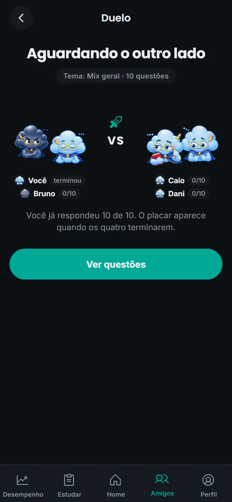 Duelo 2 contra 2 aguardando o outro lado: sua dupla de Nefis contra a dupla adversária, 10 questões