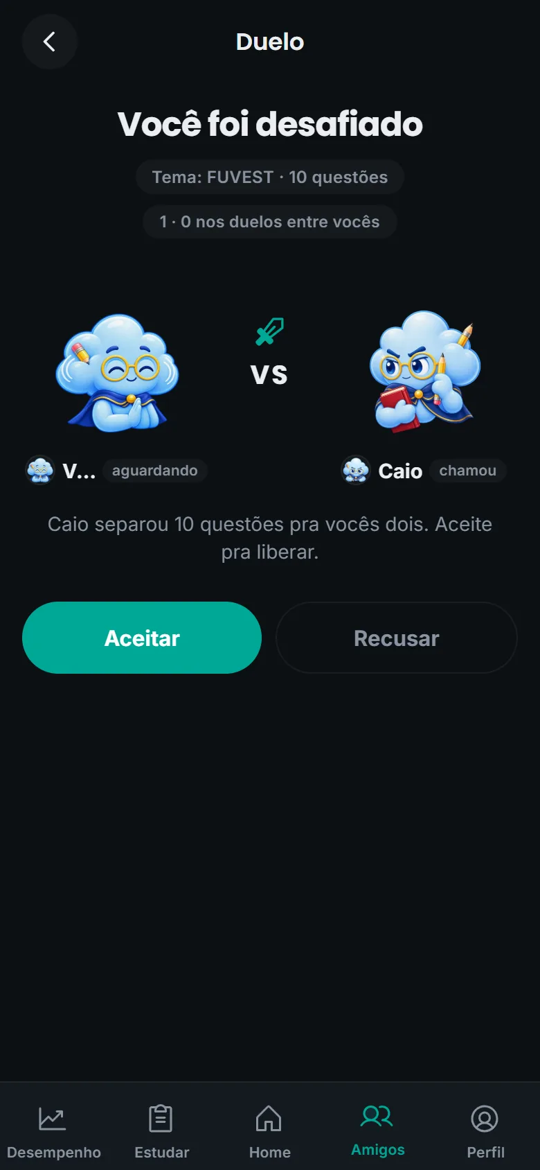 Tela de desafio para um duelo no Nefai