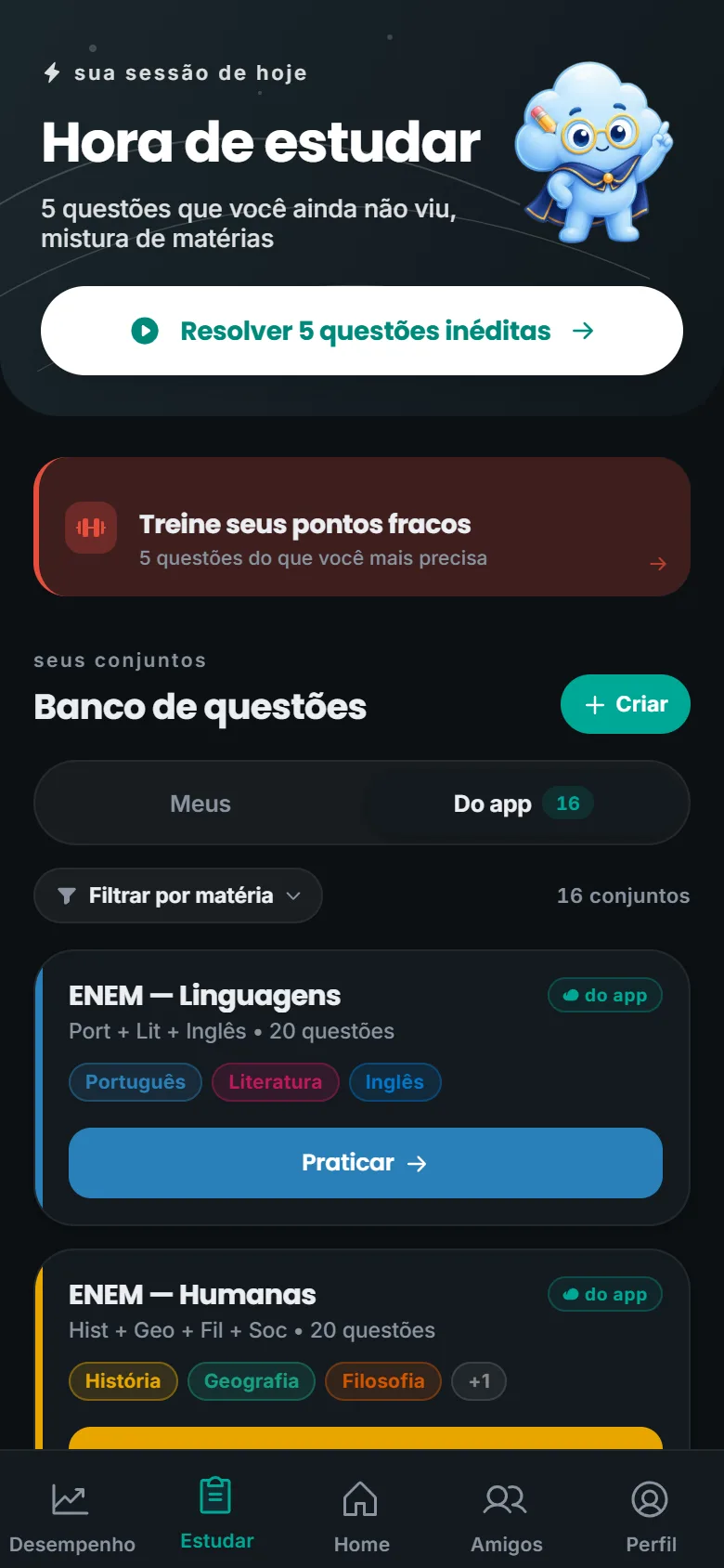 Tela Estudar com o atalho Treine seus pontos fracos e o banco de questões