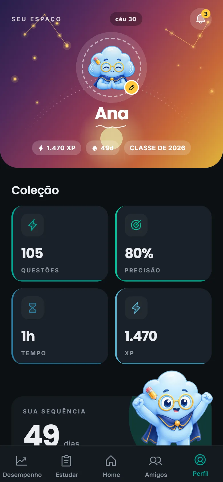 Perfil no Nefai com 49 dias de streak: o fundo do hero é o céu Entardecer, com o selo 'céu 30', 1.470 XP e a sequência de 49 dias